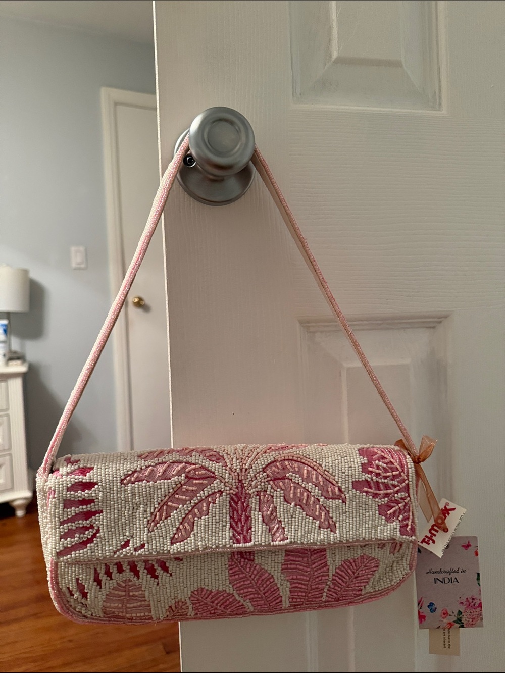 Beaded Floral Shoulder Bag in Pink & Cream NWT